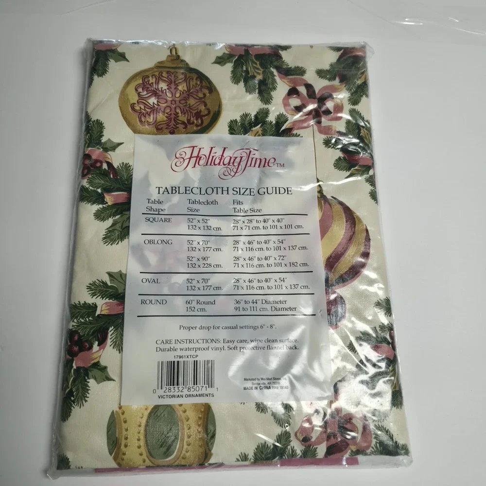 Holiday Time Christmas Vinyl Tablecloth 52 x 52 Square Ornaments Holly